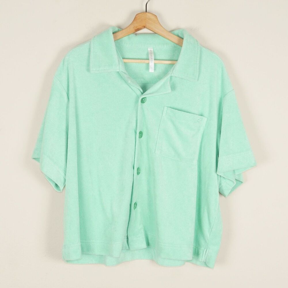Fabletics Island Terry Tropical Water Green Boxy Button Up Shirt Womens Sz XL
